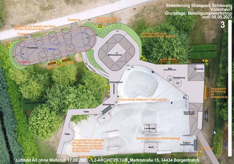 Bild zeigt Grafik der Firma L2-Architektur_Borgentreich zur Erweiterung Skatepark SL Vorentwurf