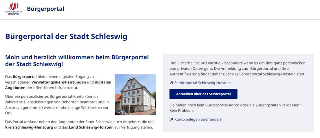 Screenshot der Startseite des Bürgerportals der Stadt Schleswig