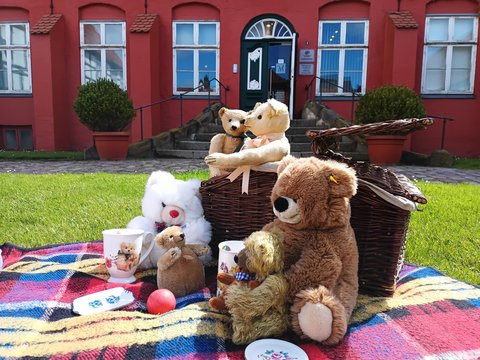 Teddybären auf einer Wiese vor dem Stadtmuseum anlässlich des Teddybär-Picknicks im Stadtmueum 30.06.24