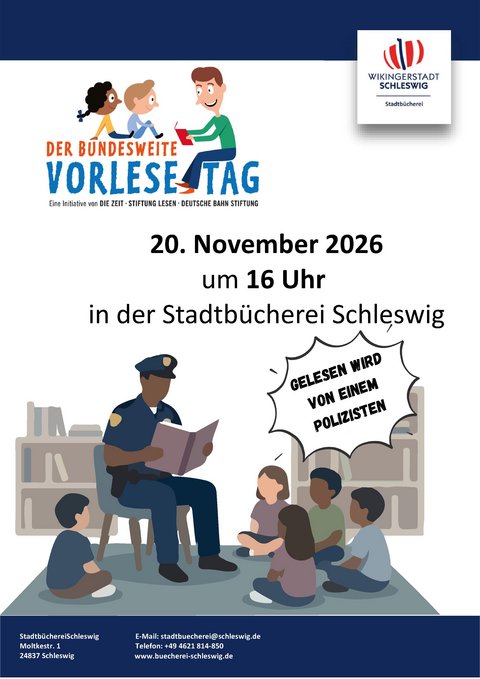 Illustration: Ein Polizist liest sitzenden Kindern eine Geschichte aus einem Buch vor. Termin 20. November um 16:00 Uhr
