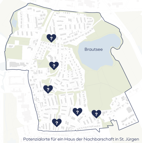 Potenzialorte für ein Haus der Nachbarschaft in St. Jürgen, Abbildung Stadtteil St. Jürgen mit Herzen und Fragezeichen