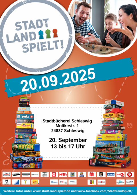 Das Bild zeigt das Werbeplakat zur Veranstaltung Stadt-Land-Spielt in der Stadtbücherei am 20.09.25 von 13 bis 17 Uhr