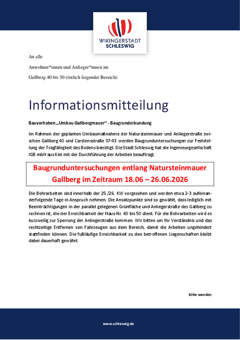 Informationen für Anlieger*innen - Baugrunduntersuchungen am Gallberg: Vorbereitungen für den Umbau der Natursteinmauer werden fortgesetzt