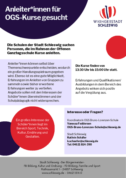 Plakat Anleiter*innen für OGS-Kurse gesucht