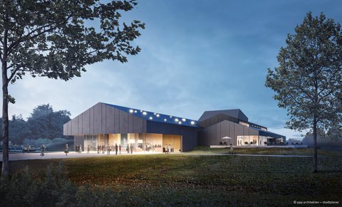 Grafik zeigt Visualisierung der Außenansicht des neuen Kulturhauses auf der Freiheit