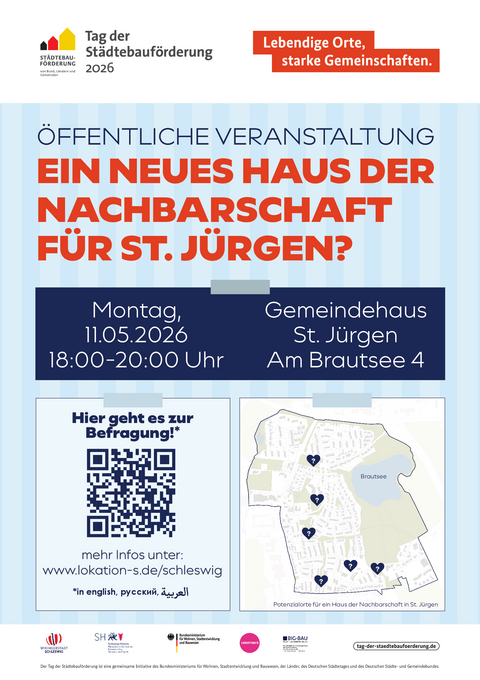 Plakat zum Nachbarschaftshaus im Quartier St. Jürgen - Workshop zum Tag der Städtebauförderung am 11. Mai 2026, 18:00 bis 20:00 Uhr im Gemeindehaus St. Jürgen, Brautsee 4