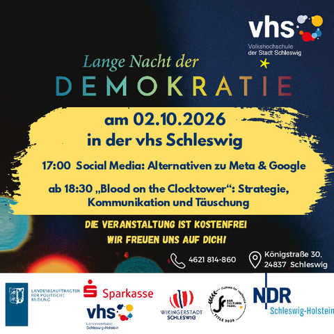 Lange Nacht der Demokratie 2026 in der vhs am 02.10.2026, Beginn um 17:00 Uhr mit Alternativen zu Meta & GoogleBlood on the Clocktower