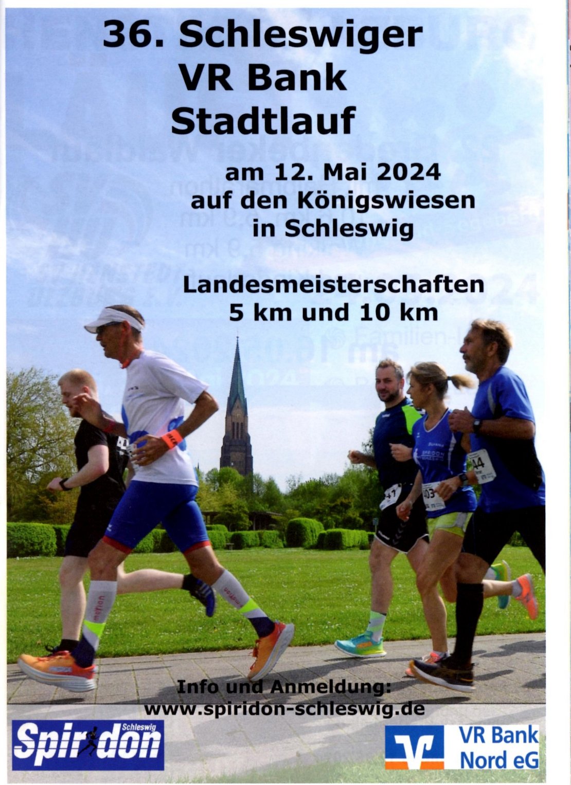 Plakat 36. Schleswiger VR Bank Stadtlauf am 12. Mai 2024 auf den Königswiesen in Schleswig, Landesmeisterschaft 5km und 10km