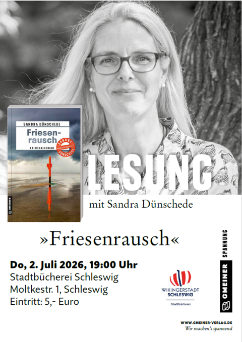 Plakat mit Lesung mit Krimiautorin Sandra Dünschede in der Stadtbücherei, 02.07.2026 