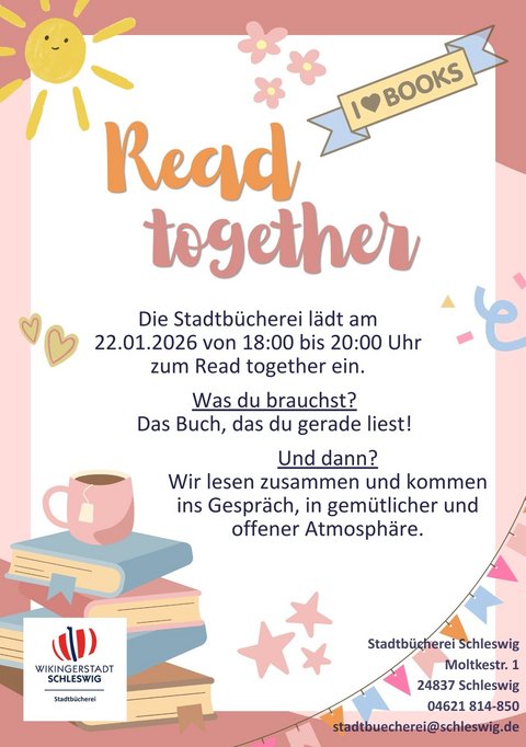 Plakat mit der Ankündigung der Veranstaltung Read Together am 22.01.2026 in der Stadtbücherei