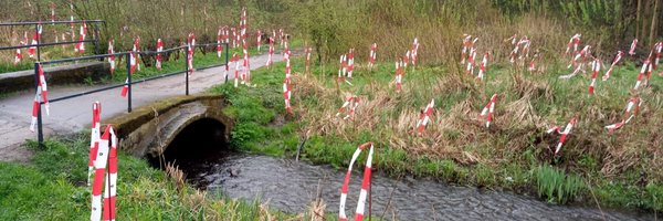 Vergrämungsmaßnahmen am Polierteich - hier Flatterbänder an der Brücke anlässlich eines Bauvorhabens