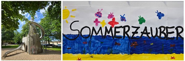 Collage der Aktivitäten im Rahmen der Ferienbetreuung, wie z. B. das gemeinsame Frühstück, Besuche auf dem Spielplatz und den Königswiesen sowie selbst gestaltetes Plakat mit der Aufschrift "Sommerzaube".