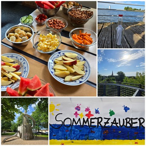 Collage der Aktivitäten im Rahmen der Ferienbetreuung, wie z. B. das gemeinsame Frühstück, Besuche auf dem Spielplatz und den Königswiesen sowie selbst gestaltetes Plakat mit der Aufschrift "Sommerzaube".