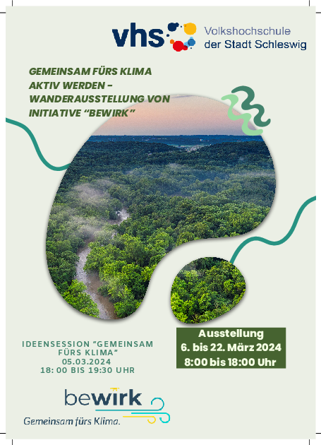 Flyer der vhs bzgl. der Initiative "bewirk - Gemeinsam fürs Klima" und die Wanderausstellung