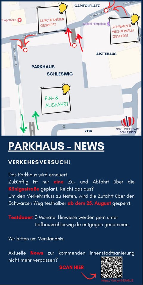 Übersichtsskizze zum Verkehrsversuch im Parkhaus mit einer Kurzfassung der Hinweise aus der Pressemitteilung