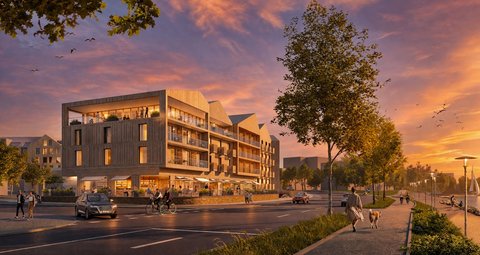 ©Highstreet Group Visualisierung Lollfußquartier, Perspektive Schleistraße Richtung Innenstadt, Ecke Gutenbergstraße, Abend