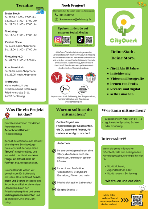 Flyer zum digitalen Jugendprojekt CityQuest Schleswig - Deine Stadt. Deine Story.