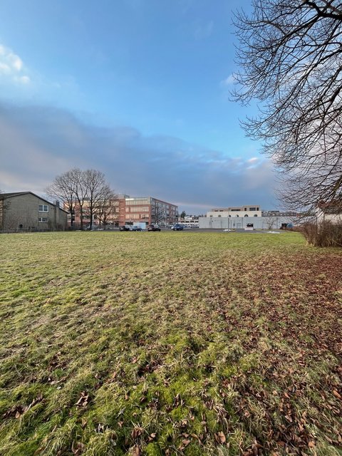 Rasenfläche mit Blick auf die VR-Bank