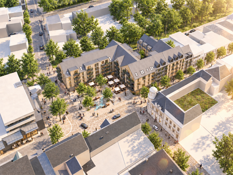 Visualisierung Schleiplatz mit Wohnkomplex, Bäumen und Freiflächen