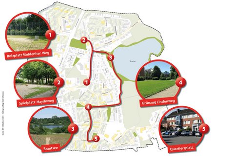 Karte des Stadtteils St. Jürgen unter dem Motto „Entdecke St. Jürgen zu Fuß“ startet die Veranstaltung um 14.00 Uhr an der Bushaltestelle „Moldeniter Weg“ (beim Bolzplatz). Die Route führt durch verschiedene grüne Orte des Stadtteils St. Jürgen: den Bolzplatz Moldeniter Weg, den Spielplatz am Haydnweg, entlang des Brautsees, durch den Grünzug Lindenweg bis hin zum Quartiersplatz.
