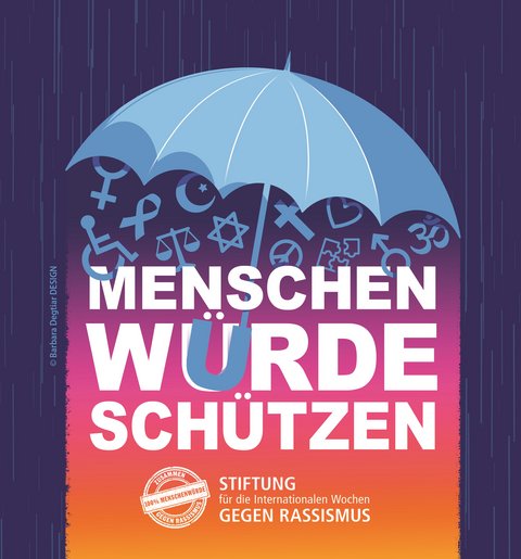 Viereckiges Logo Menschenwürde schützen von der Stiftung für die Internationalen Wochen gegen Rassismus