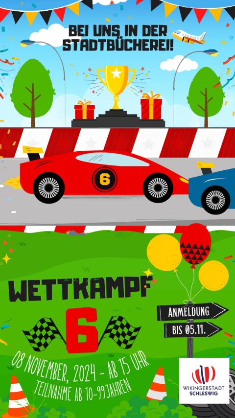 Plakat der Stadtbücherei mit dem Hinweis auf das Super Mario Kart Wettrennen am 08.11.2024 von 15:00 bis 18:00 Uhr in der Stadtbücherei