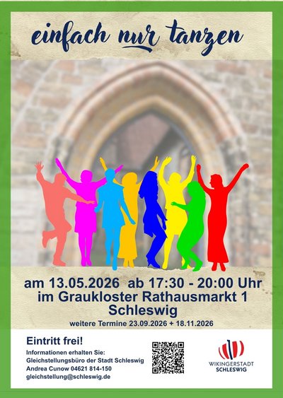 Bunte tanzende Personen als Silhouetten vor einem Fenster