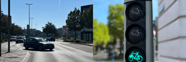 Straße und grüne Ampel mit dem Hinweis: Verkehrssicherheit im Fokus