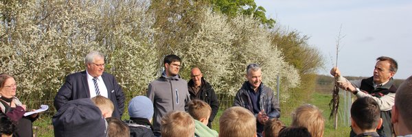 Das Bild zeigt den Bürgermeister der Stadt Schleswig Stephan Dose, Fabian Bellinghausen, Jens Bagehorn-Delor und zwei Grundschulklassen. Gemeinsam schauen sie auf den Bezirksförster Stefan Guntermann, der einen kleinen Baum in der Hand hält.