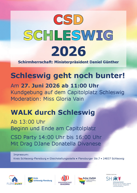Plakat zum 2. CSD am 27.06.2026 Start um 11:00 Uhr mit Kundgebung und Umzug durch Schleswig