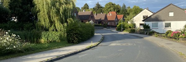 Klosterhofer Straße mit Bäumen und Häusern an beiden Seiten.