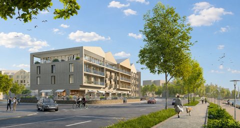 ©Highstreet Group Visualisierung Lollfußquartier, Perspektive Schleistraße Richtung Innenstadt, Ecke Gutenbergstraße, Tag