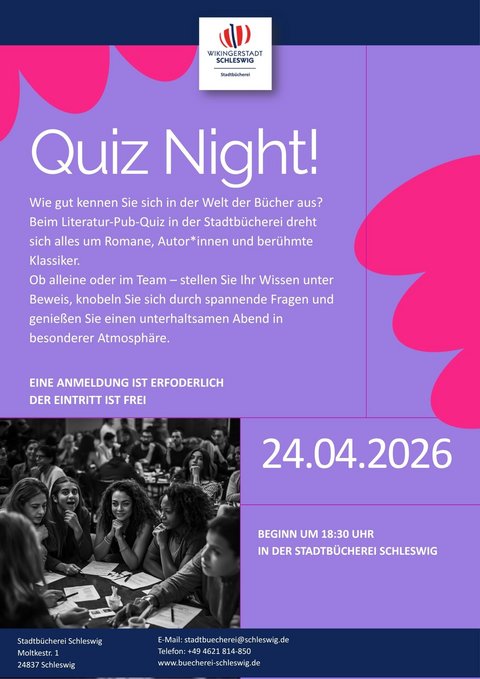 Plakat zur Quiz Night in der Stadtbücherei Schleswig am 24.04.2026