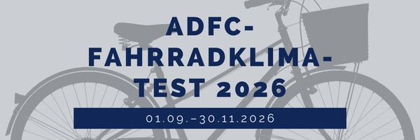 Fahrrad mit Korb und Aufschrift: ADAFC-Fahrradklimatest 2026 vom 01.09-–30.11.2026