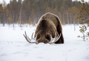 Das Bild zeigt ein Fabelwesen im Schnee. Im Hintergrund ist ein Wald. Es wurde fotografiert von dem Europäischen Naturfotograf des Jahres 2023 Ilkka Niskanen. 