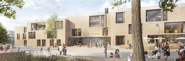 Visualisierung des Bürgerforums, Gebäude mit Menschen und Bäumen auf dem Vorplatz